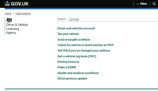 Screenshot DVLA Website