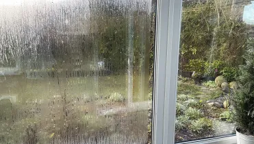 Condensation on a glass window with water droplets, overlooking a garden with green plants and stones